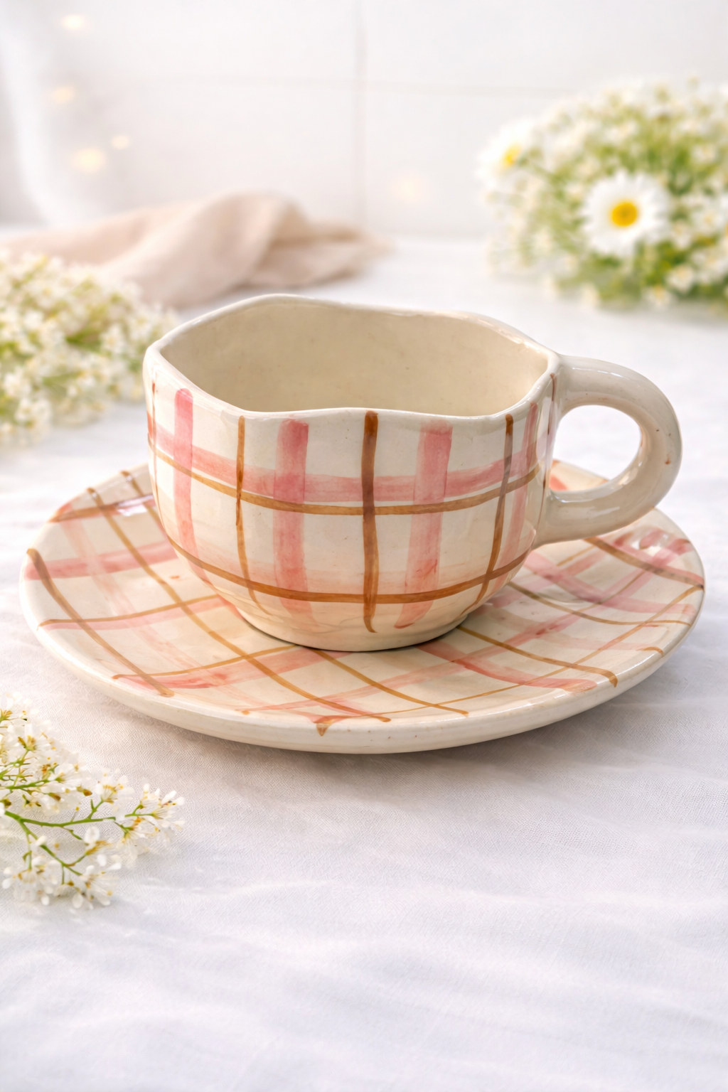 ☕ Plaid Ceramic Cup & Saucer Set – Aesthetic Coffee Collection