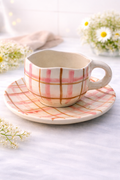 ☕ Plaid Ceramic Cup & Saucer Set – Aesthetic Coffee Collection